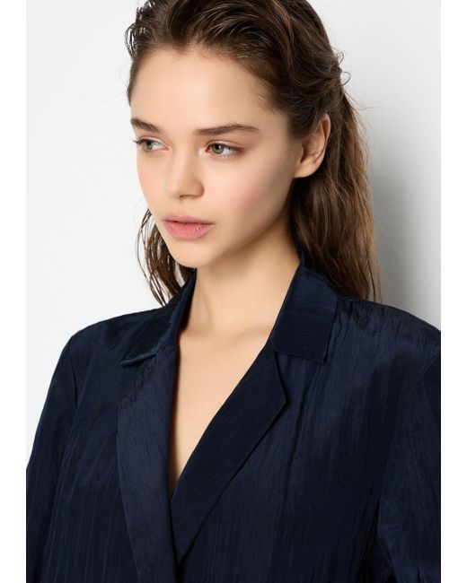 Armani Exchange Blue Double-breasted Jacket In Wrinkle Satin Fabric