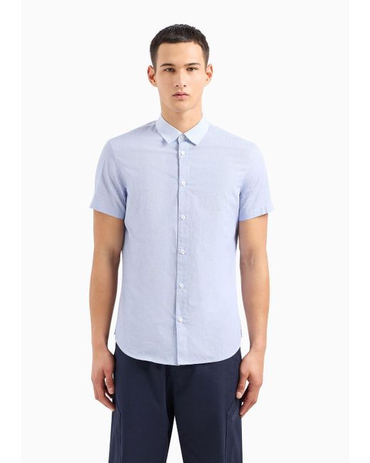 Armani Exchange Blue Regular Fit Shirt With Short Sleeves In Pure Cotton for men