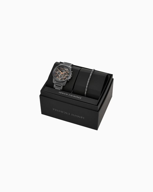 ARMANI EXCHANGE White Chronograph Gunmetal Stainless Steel Watch And Bracelet Gift Set for men