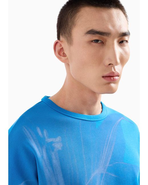 Armani Exchange Blue Crew-neck Sweatshirt In Asv Organic Cotton With Foliage Print for men