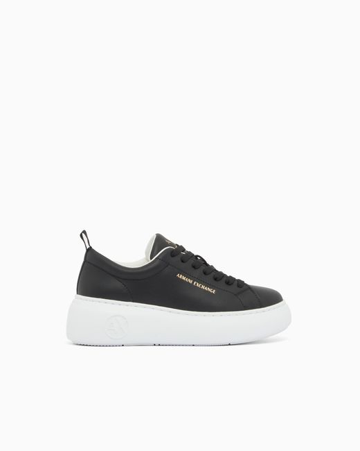 ARMANI EXCHANGE White Smooth Leather Lace-Up Sneakers With A Thick Rubber Sole