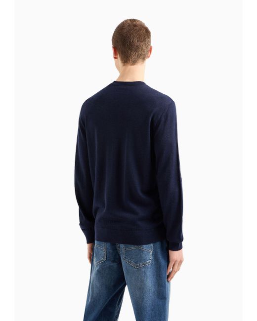 Armani Exchange Blue Crew-neck Sweater In Wool Blend With Logo On The Chest for men