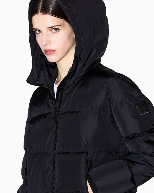 ARMANI EXCHANGE Blue Quilted Down Puffer Coat With A Hood And Zip Pockets Icon