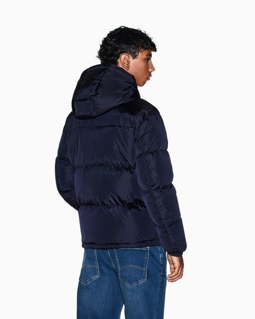 ARMANI EXCHANGE Blue Hooded Down Jacket With An Ultralight Quilted Design Icon for men