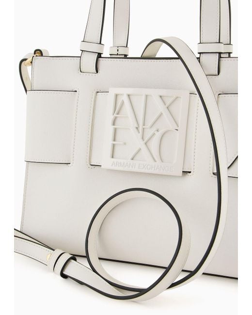 Armani Exchange White Medium Tote Bag With Double Handles And Shoulder Strap