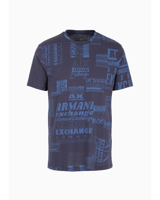 Armani Exchange Blue Regular Fit T-shirt In Asv Organic Cotton With Allover Lettering Print for men