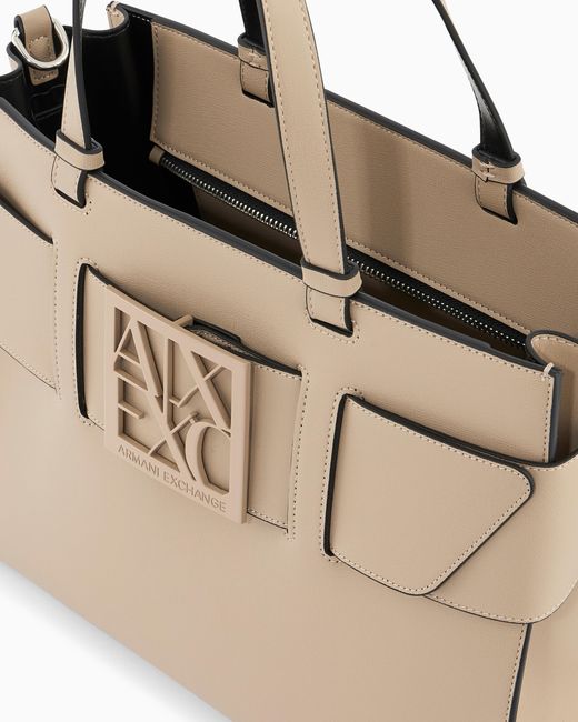 ARMANI EXCHANGE Natural Large Tote Bag With Double Handles And Shoulder Strap