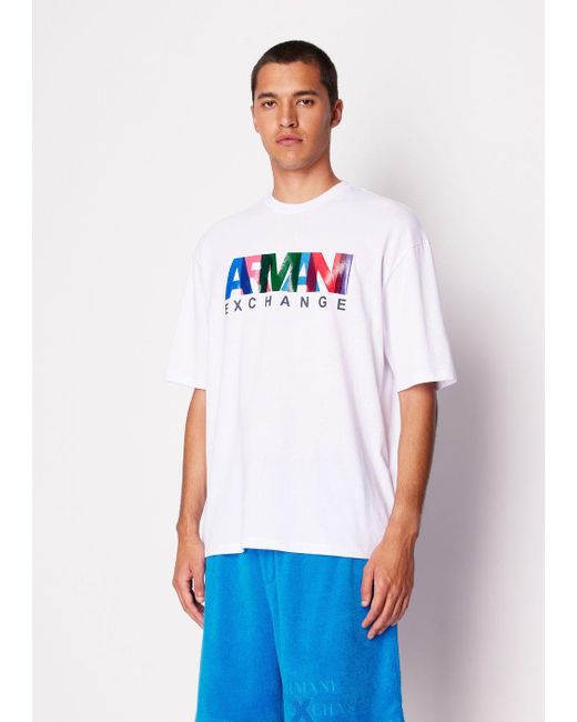 Armani Exchange White Relaxed Fit Jersey T-shirt With Multicolor Logo for men