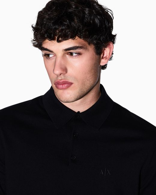 ARMANI EXCHANGE Black Regular Fit Cotton Polo Shirt With A Logo Essential for men