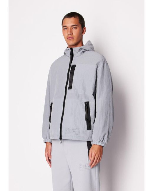 Armani Exchange Gray Windbreaker With Hood With Taped Tape for men