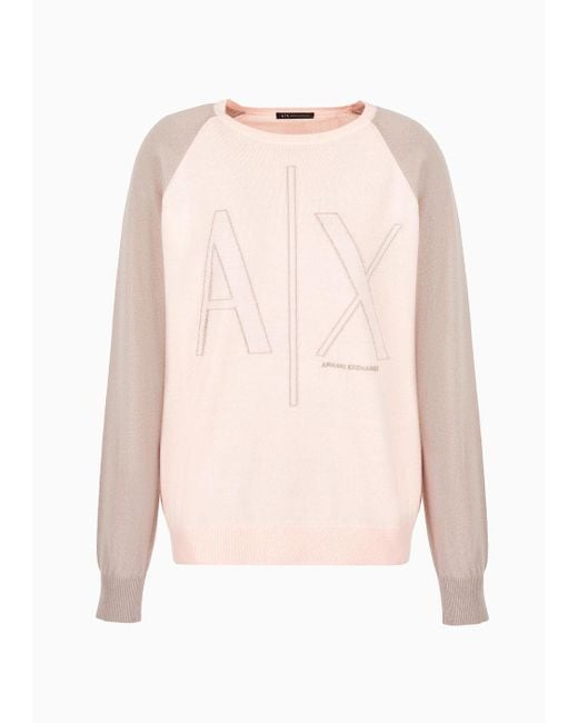 Armani Exchange Natural Sweater With Contrasting Sleeves And Logo