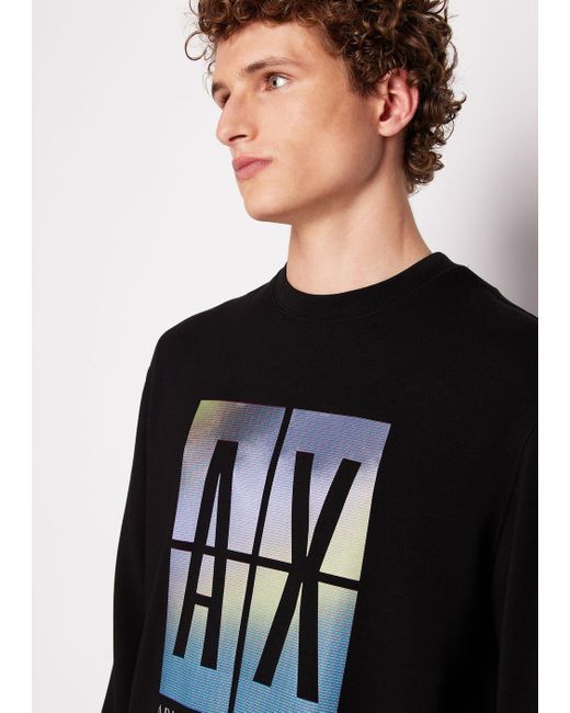 Armani Exchange Black Crew-neck Sweatshirt With Maxi A|x Photographic Print for men