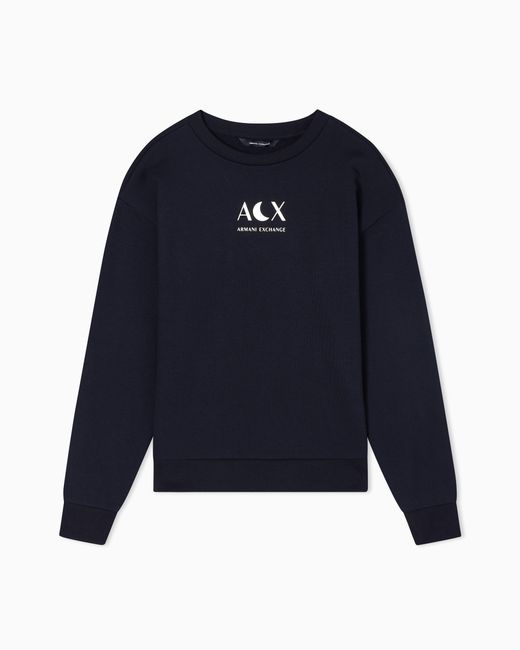 ARMANI EXCHANGE Blue Solid Color French Terry Cotton Crew Neck Sweatshirt