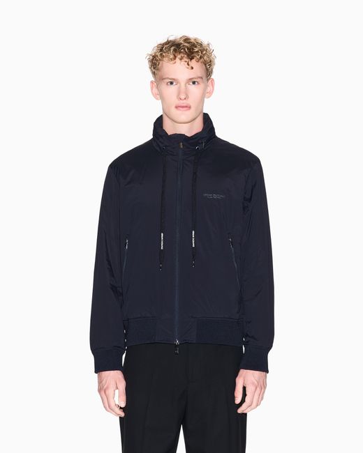 ARMANI EXCHANGE Blue Stretch Nylon Bomber Jacket With High Collar Essential for men