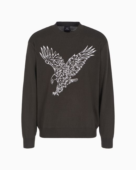 ARMANI EXCHANGE Black Wool Blend Crew Neck Sweater With Embroidered Eagle for men