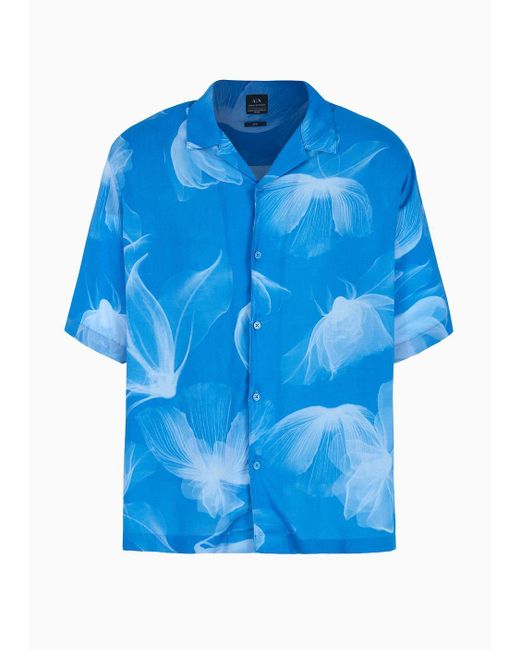 Camicia Boxy Fit A Maniche Corte In Viscosa di Armani Exchange in Blue da Uomo