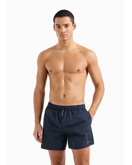 Armani Exchange Blue Boxer Swimsuit With Logo Patch In Asv Fabric for men
