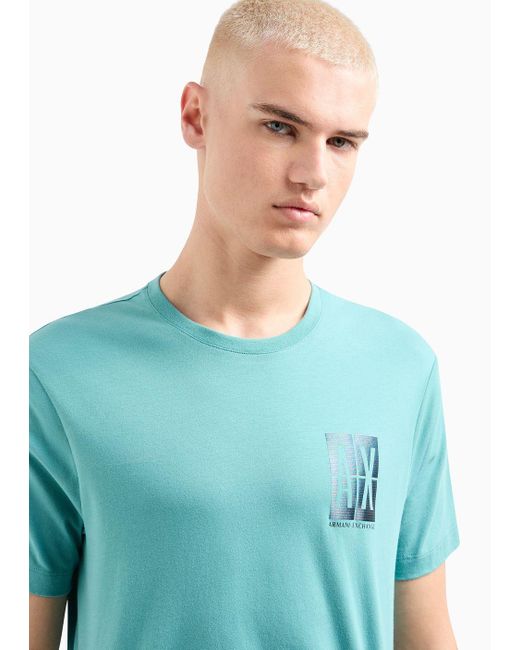 Armani Exchange Blue Regular Fit Cotton T-shirt With Logo Print On The Chest for men