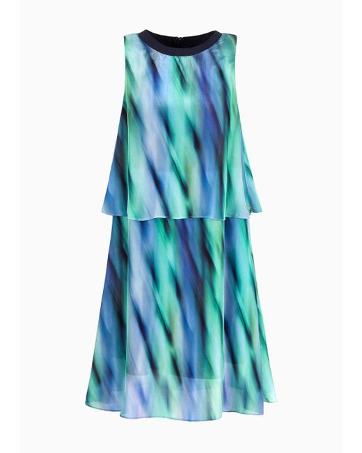 Armani Exchange Blue Flounced Sleeveless Satin Printed Dress