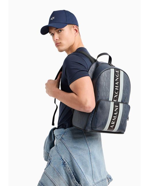 Armani Exchange Blue Backpack With All-over Lettering And Logoed Two-tone Band for men