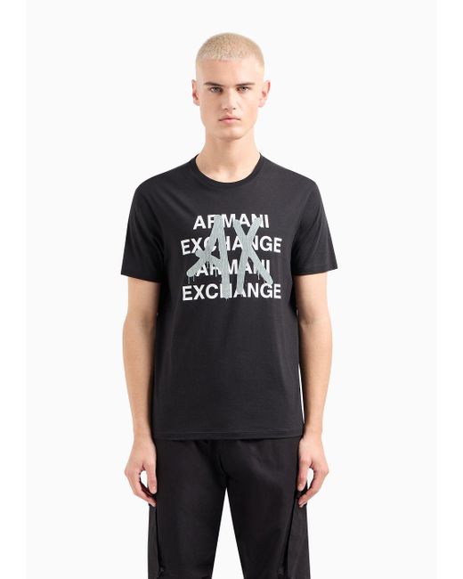 Armani Exchange Black Pima Cotton Jersey T-shirt With Prints On The Front for men