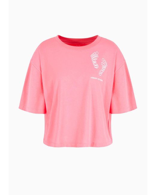 T-shirt Cropped In Jersey Di Cotone Con Stampa di Armani Exchange in Pink