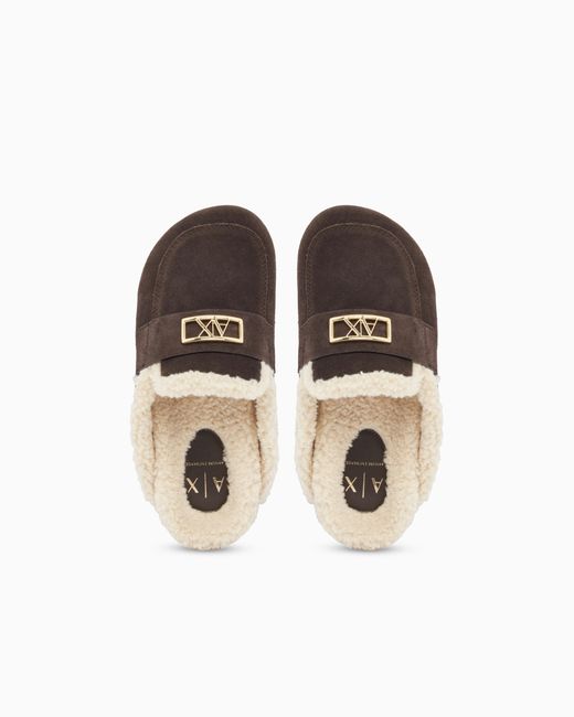 ARMANI EXCHANGE White Suede Clogs With Teddy Details