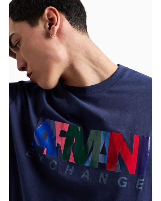 Armani Exchange Blue Relaxed Fit Jersey T-shirt With Multicolor Logo for men
