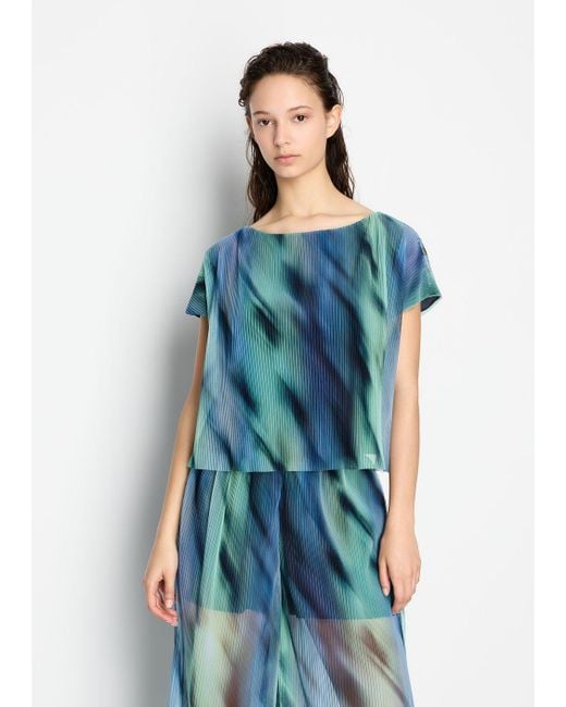 Armani Exchange Blue Short-sleeved Blouse In Pleated Fabric