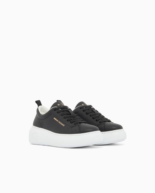 ARMANI EXCHANGE White Smooth Leather Lace-Up Sneakers With A Thick Rubber Sole