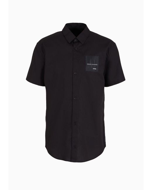 Armani Exchange Black Regular Fit Short-sleeved Shirt In Asv Organic Cotton With Patch for men