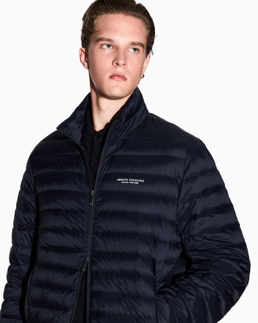ARMANI EXCHANGE Blue Quilted Full-Zip Down Jacket for men