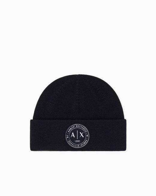 ARMANI EXCHANGE Blue Beanie Hat Wool-Cotton Mix for men