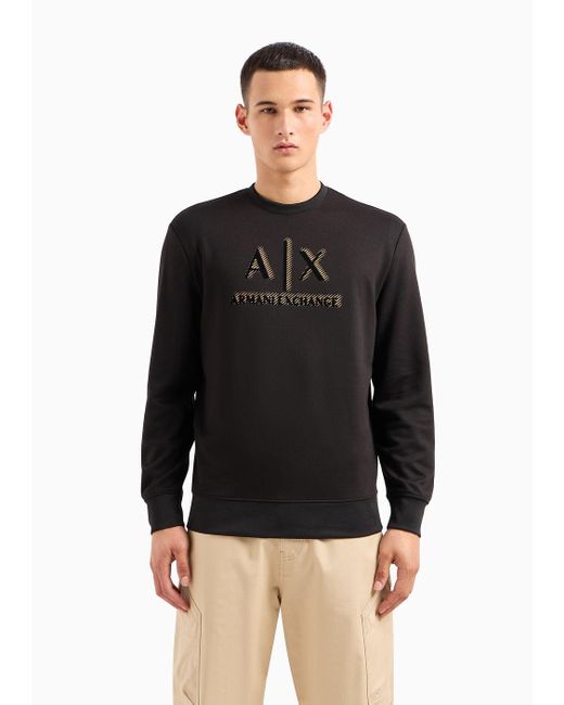 Armani Exchange Black Crew-neck Sweatshirt With Stretch Interlock Logo for men