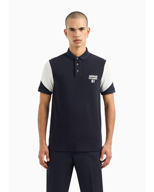 Armani Exchange Blue Regular Fit Polo Shirt In Color Block Piquet for men