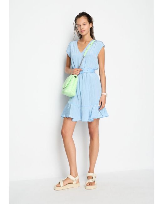Armani Exchange Blue Flared Sleeveless Ruffle Dress Wrinkle Satin Fabric