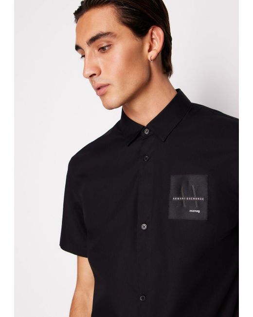 Camicia Regular Fit A Maniche Corte In Cotone Organico Asv Con Patch di Armani Exchange in Black da Uomo