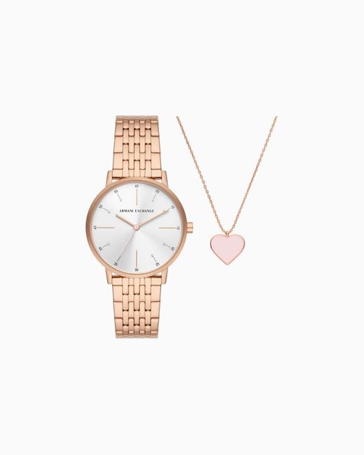 Ensemble Montre Et Collier À Trois Aiguilles En Acier Inoxydable Doré Rose ARMANI EXCHANGE en coloris White