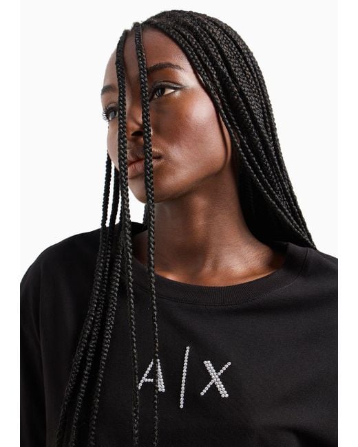 Armani Exchange Black Cropped Jersey T-shirt With Maxi Logo On The Profile