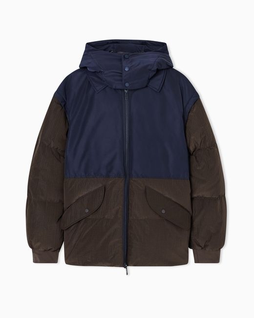 ARMANI EXCHANGE Blue Short Color Block Down Jacket With Hood for men