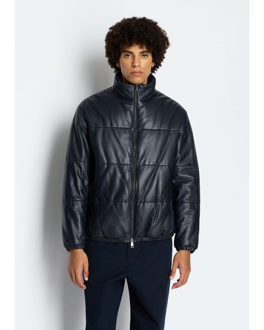 Armani Exchange Genuine Leather Zip Up Jacket in Blue for Men | Lyst