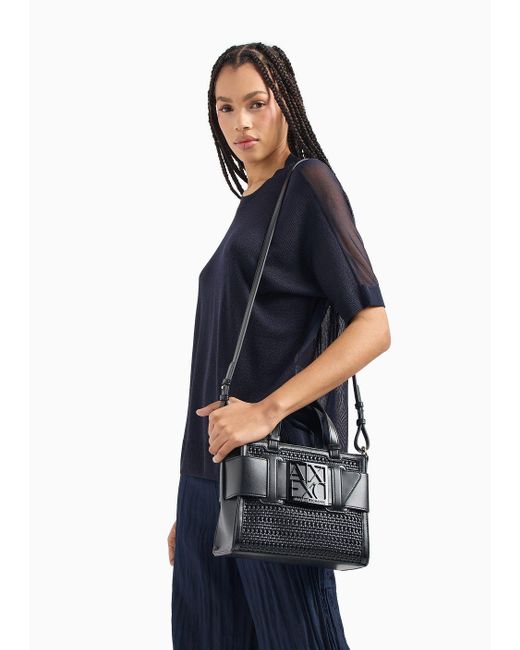 Armani Exchange Black Small Straw Tote Bag With Maxi Logo