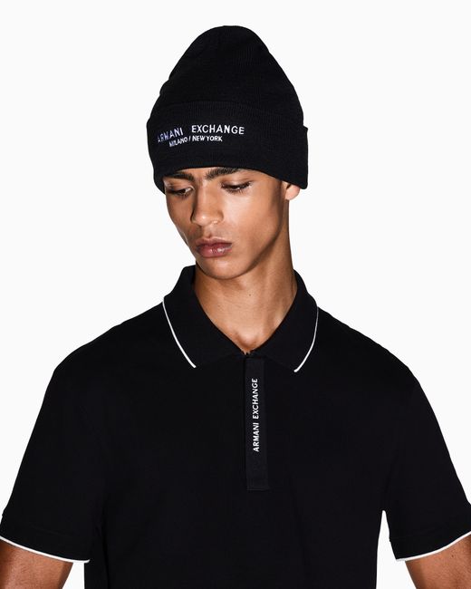 ARMANI EXCHANGE Black Knit Beanie Essential With A Folded Cuff And Embroidery for men