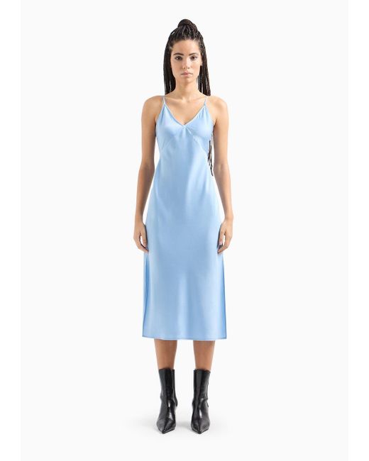 Armani Exchange Blue Long Dress In Satin Satin With Plunging Neckline