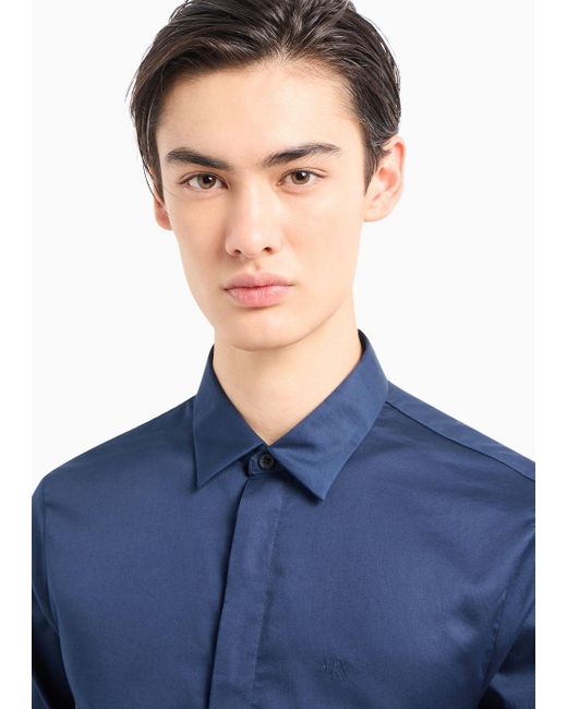 Camicia Slim Fit In Popeline Di Cotone di Armani Exchange in Blue da Uomo