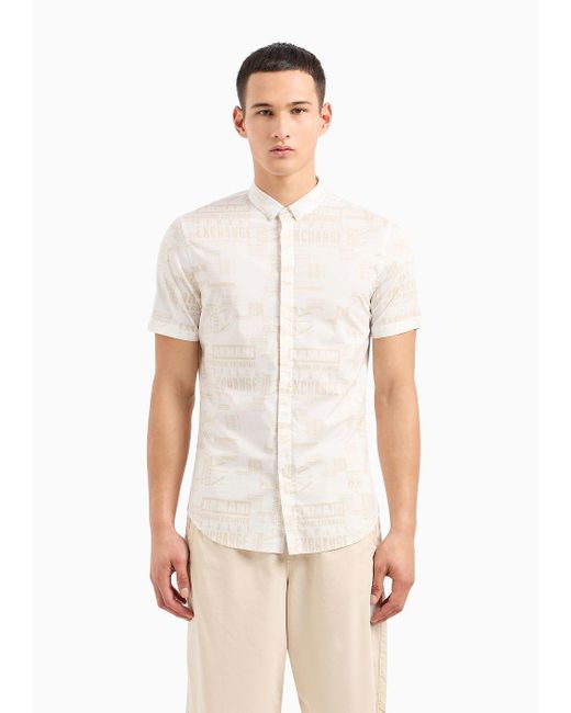 Armani Exchange White Slim-fit Shirt With Short Sleeves In Patterned Cotton for men