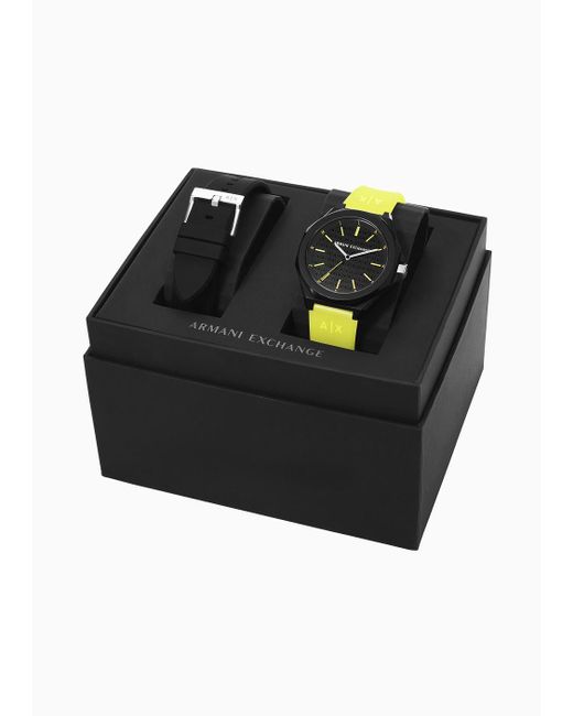 Conjunto De Correa Y Reloj De Silicona Amarilla Con Tres Manecillas Armani Exchange de color Black