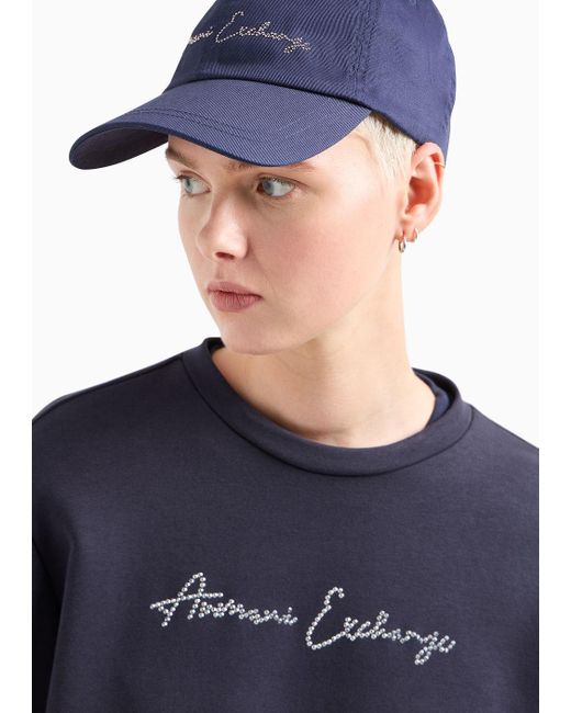Armani Exchange Blue Cotton Peaked Hat With Glitter Logo