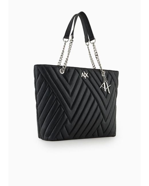 Armani Exchange Black Shopper With Double Handles In Chain And Fabric