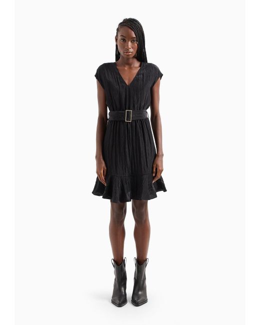 Armani Exchange Black Flared Sleeveless Ruffle Dress Wrinkle Satin Fabric